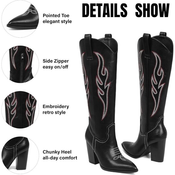 Women's Black Pu Rhinestones Embroidered Pointed Toe Chunky Heel Knee High Boots - Picture 4 of 7